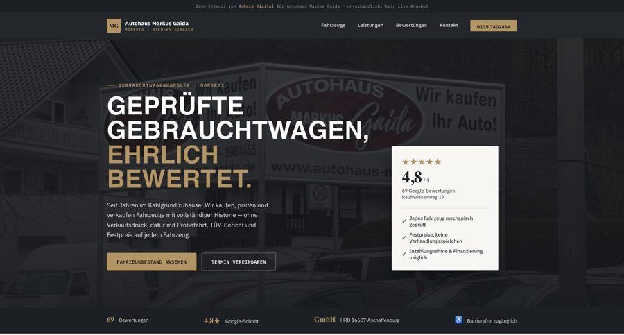 Website-Relaunch für einen Gebrauchtwagenhändler – Startseite mit Bewertungen und Fahrzeugbestand